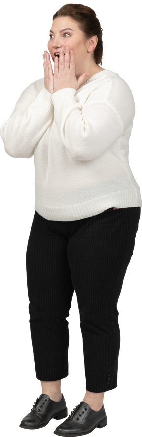 Extremely surprised plump woman in white sweater