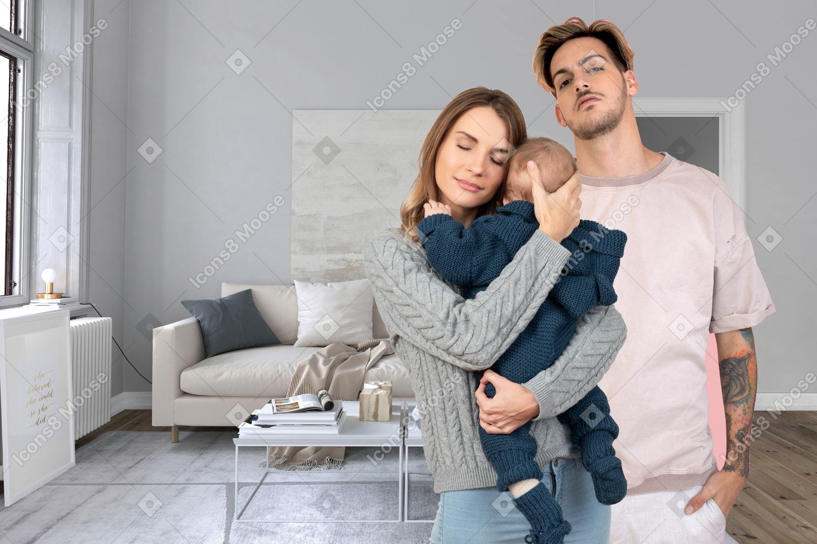 Young parents and baby in living room
