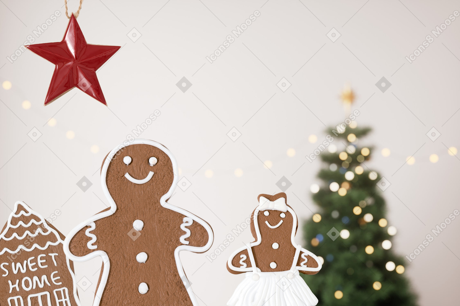 Gingerbread cookies with chtistmas tree and ornaments