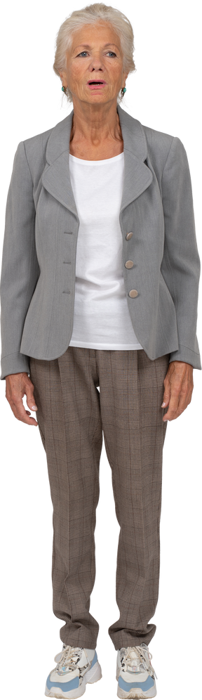Front view of an old lady in suit