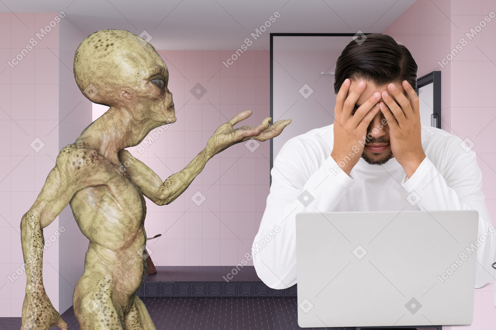 Alien standing next to frustrated man with laptop