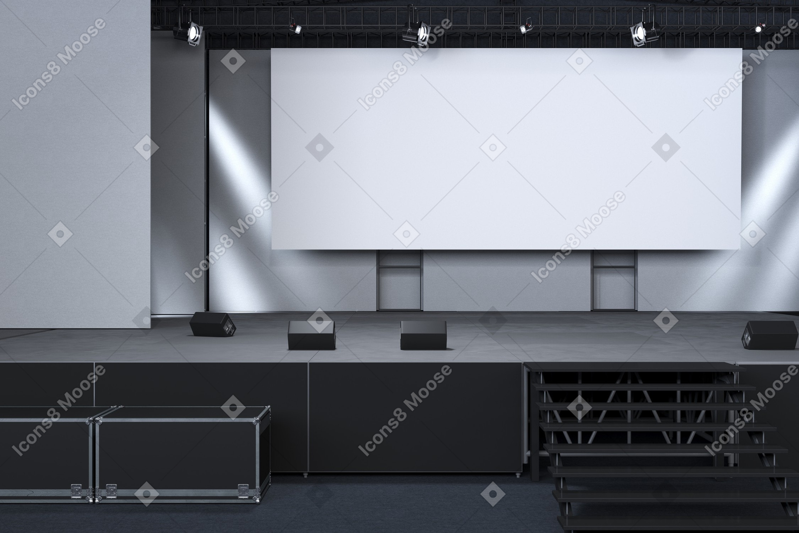 A black desk with white walls