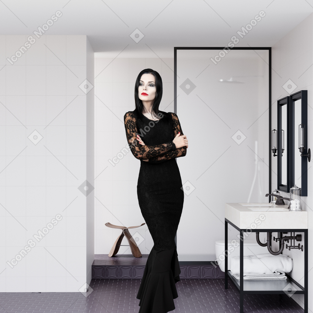A woman in a black dress standing in front of a mirror