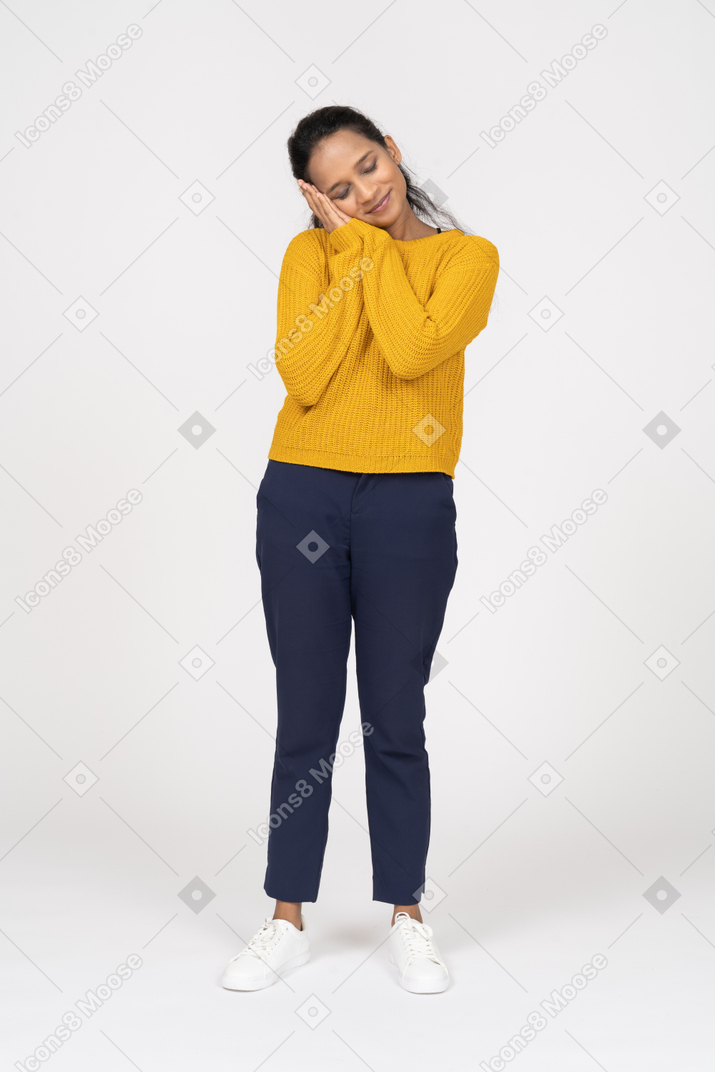 Front view of a sleepy girl in casual clothes