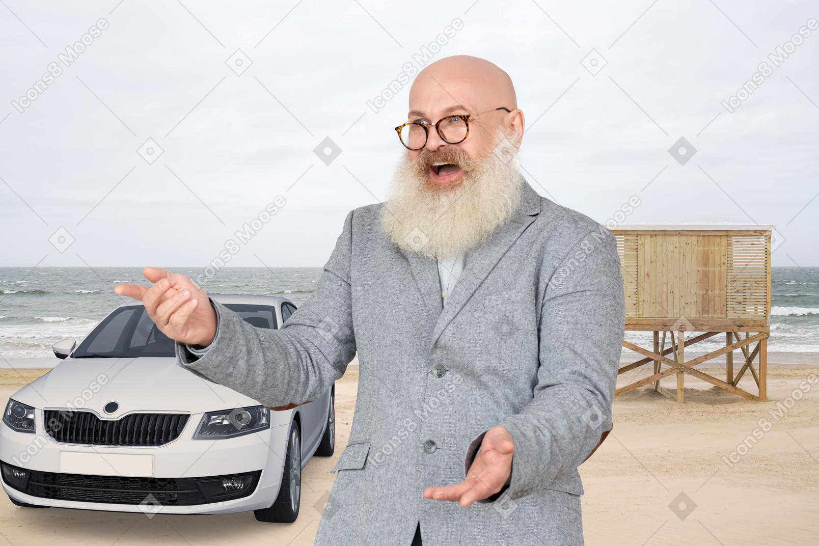 站立在汽车前面的快乐的老人