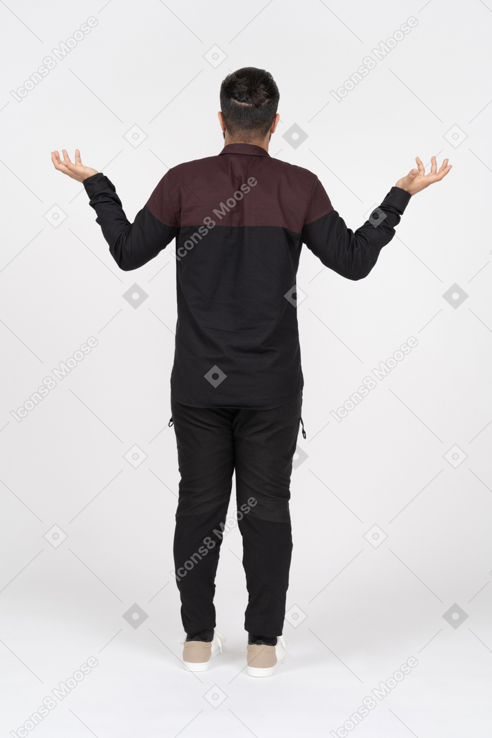 Back view of man spreading arms