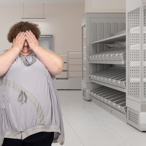 A woman covering her eyes in an empty supermarket