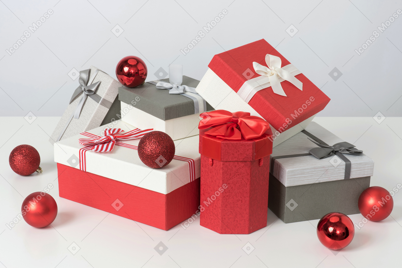 Boxes and christmas tree decorations