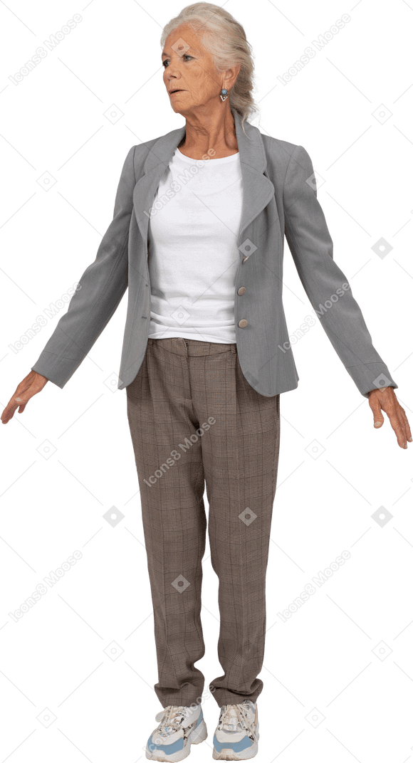 Front view of an old lady in suit standing on toes and outstretching arms