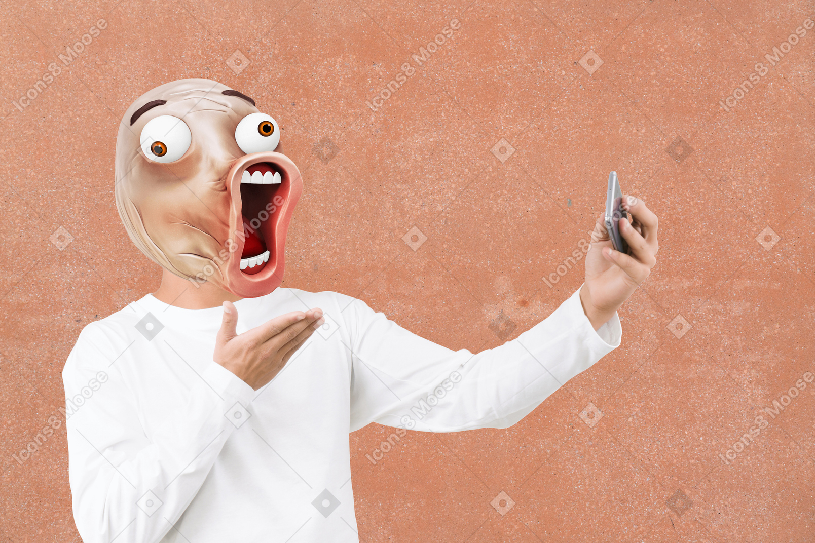 Man with rage comic head holding phone