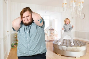 A man closing ears and a little girl screaming on a background