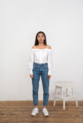 Surprised woman in blouse and jeans standing in a room