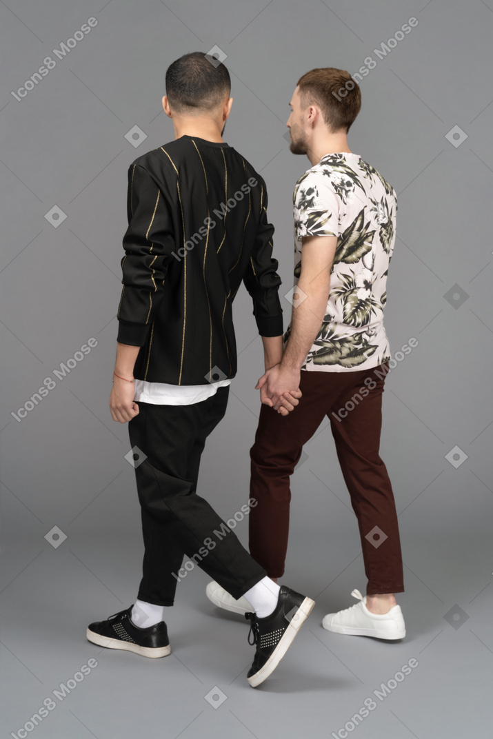 Three-quarter back view of two young men walking while holding hands