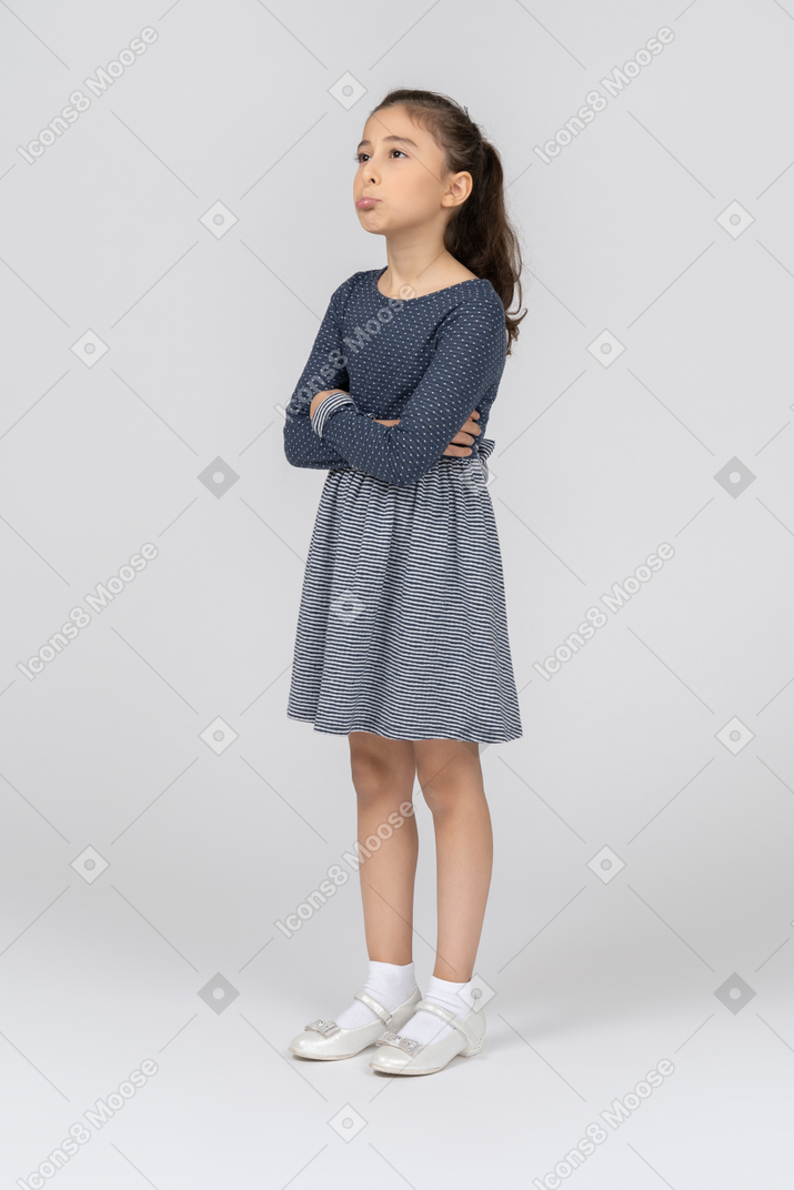 Three-quarter view of a girl folding hands and pouting cutely