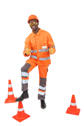 Construction worker showing thumbs up