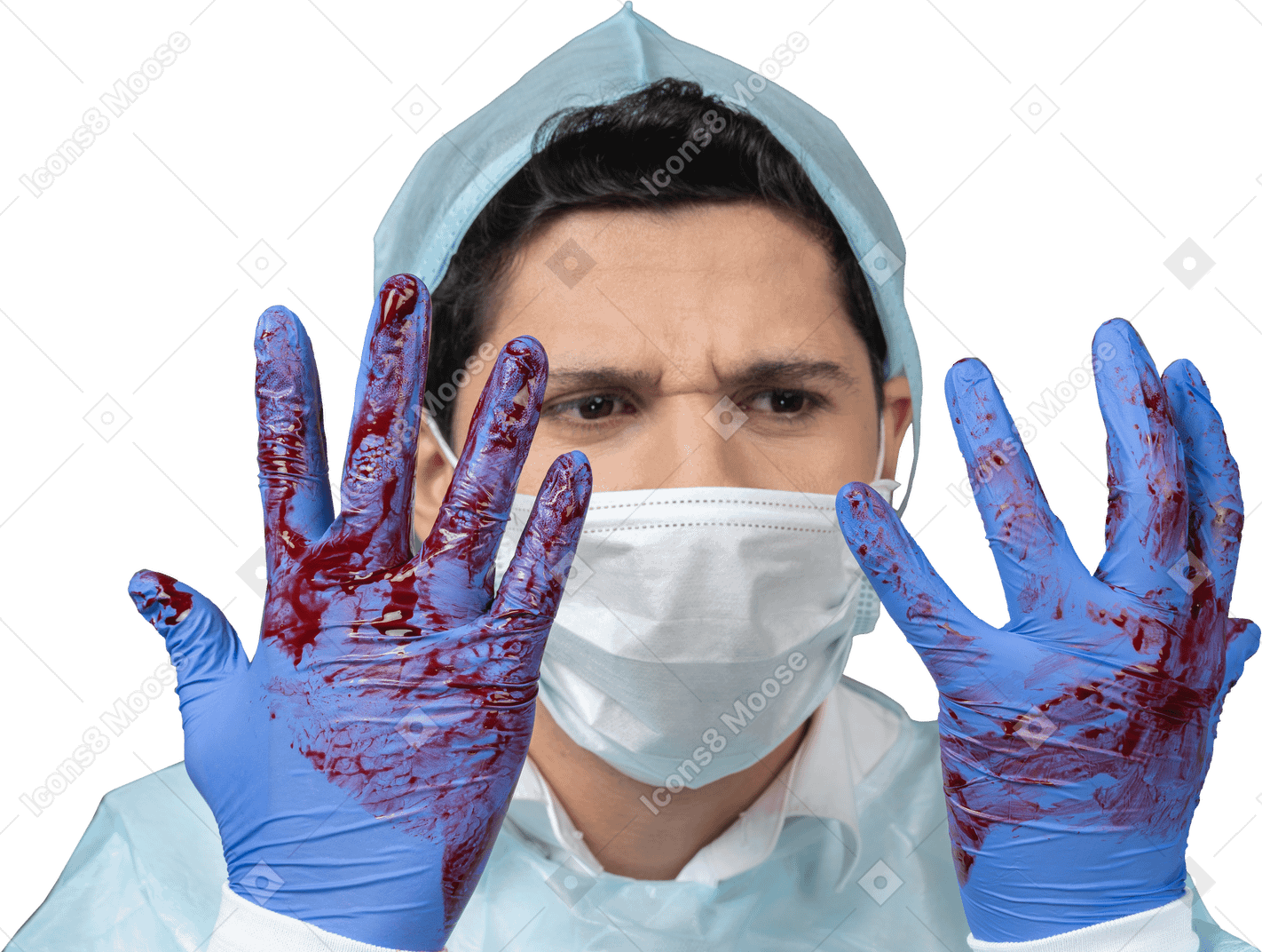 피에 뒤덮인 손을 바라보는 의사