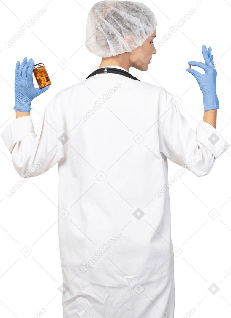 Back view of a young female doctor checking pills