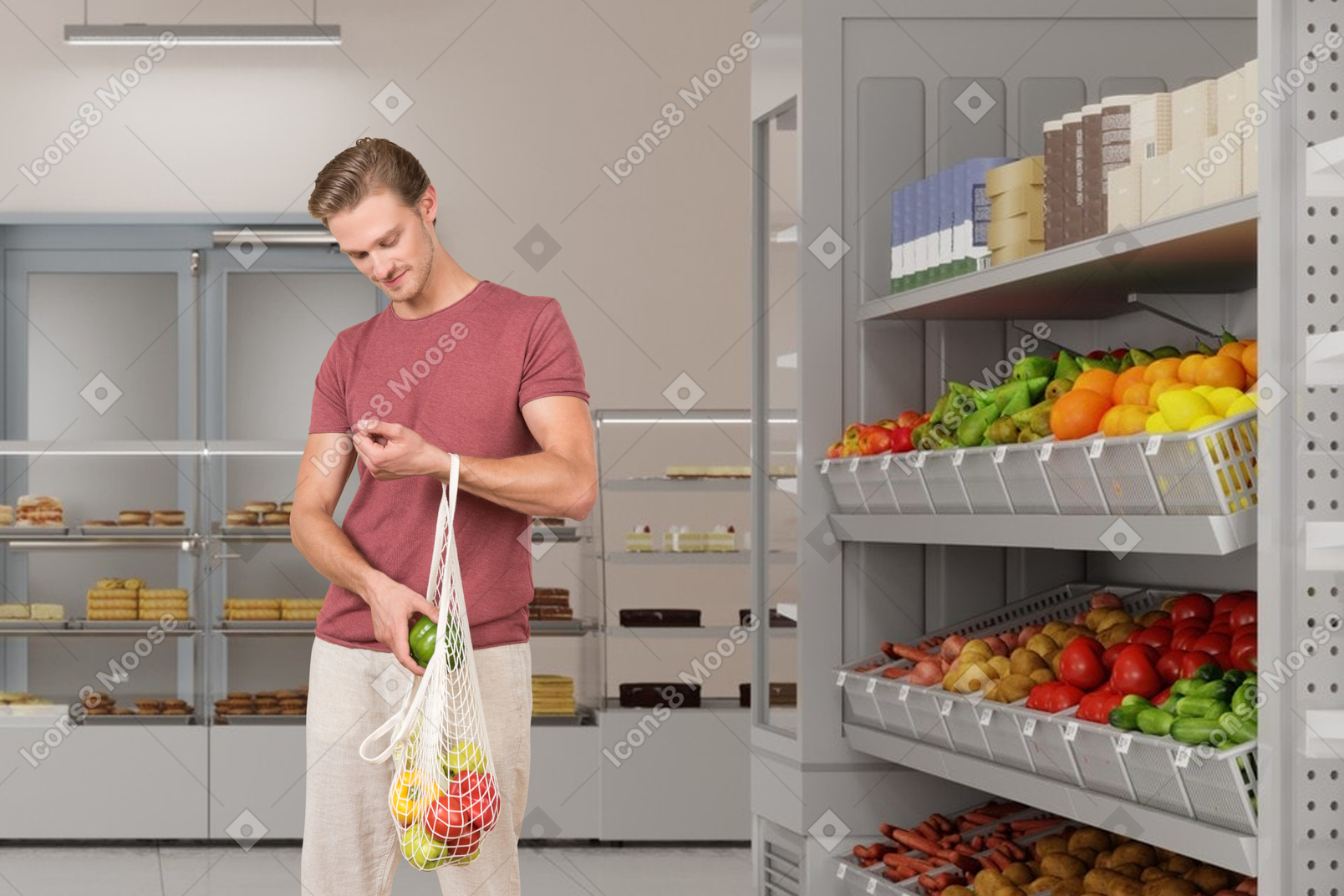 Homem escolhendo mantimentos em um supermercado