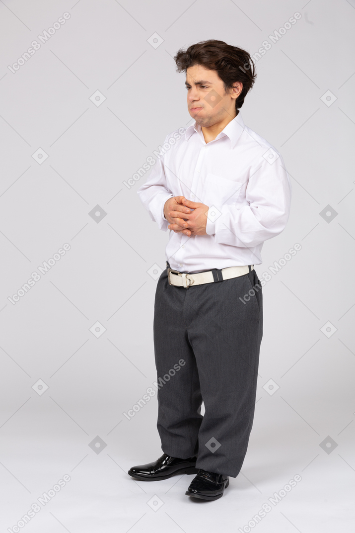 Office worker in formal wear feeling uncomfortable