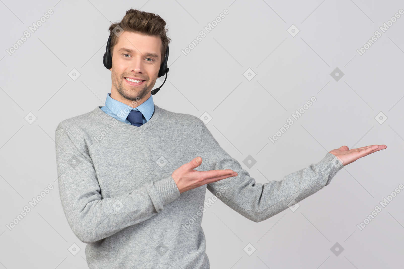 Call center agent showing a way to go with hands