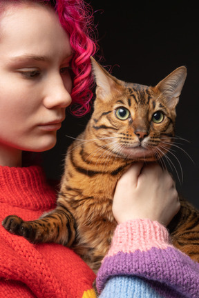 Um gato de bengala no ombro de seu dono