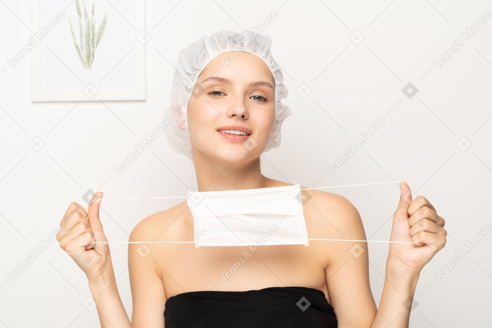 Woman standing and stretching mask