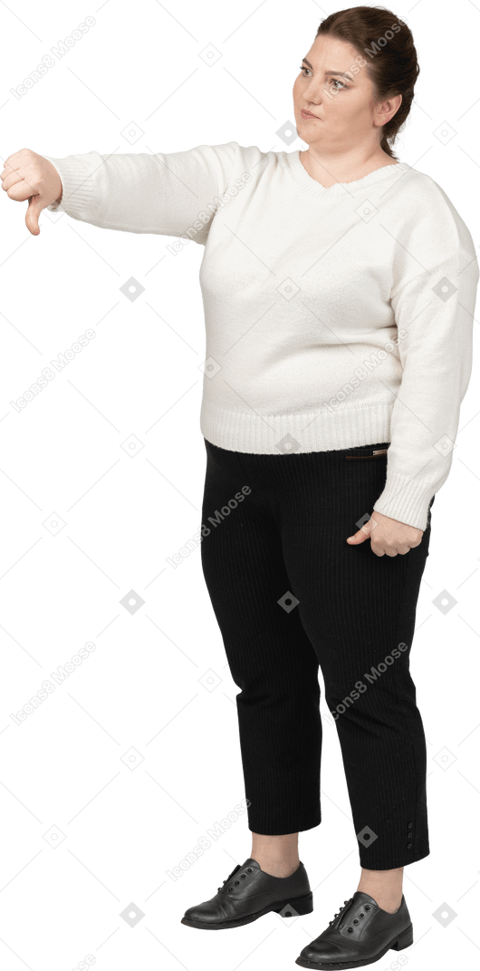 Plus size woman in casual clothes showing thumb down