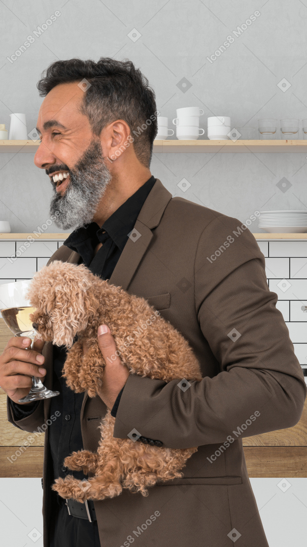 A man holding a dog and a glass of wine