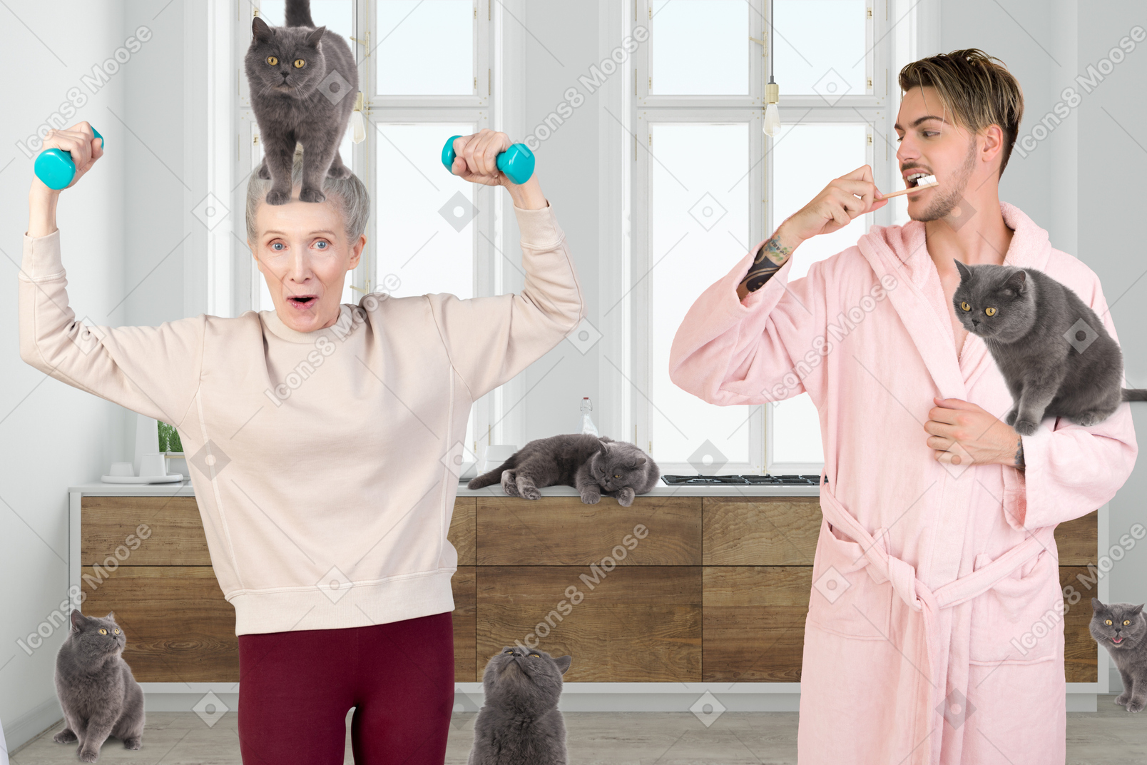 Homem escovando os dentes e sua mãe se exercitando ao lado dele cercado por gatos