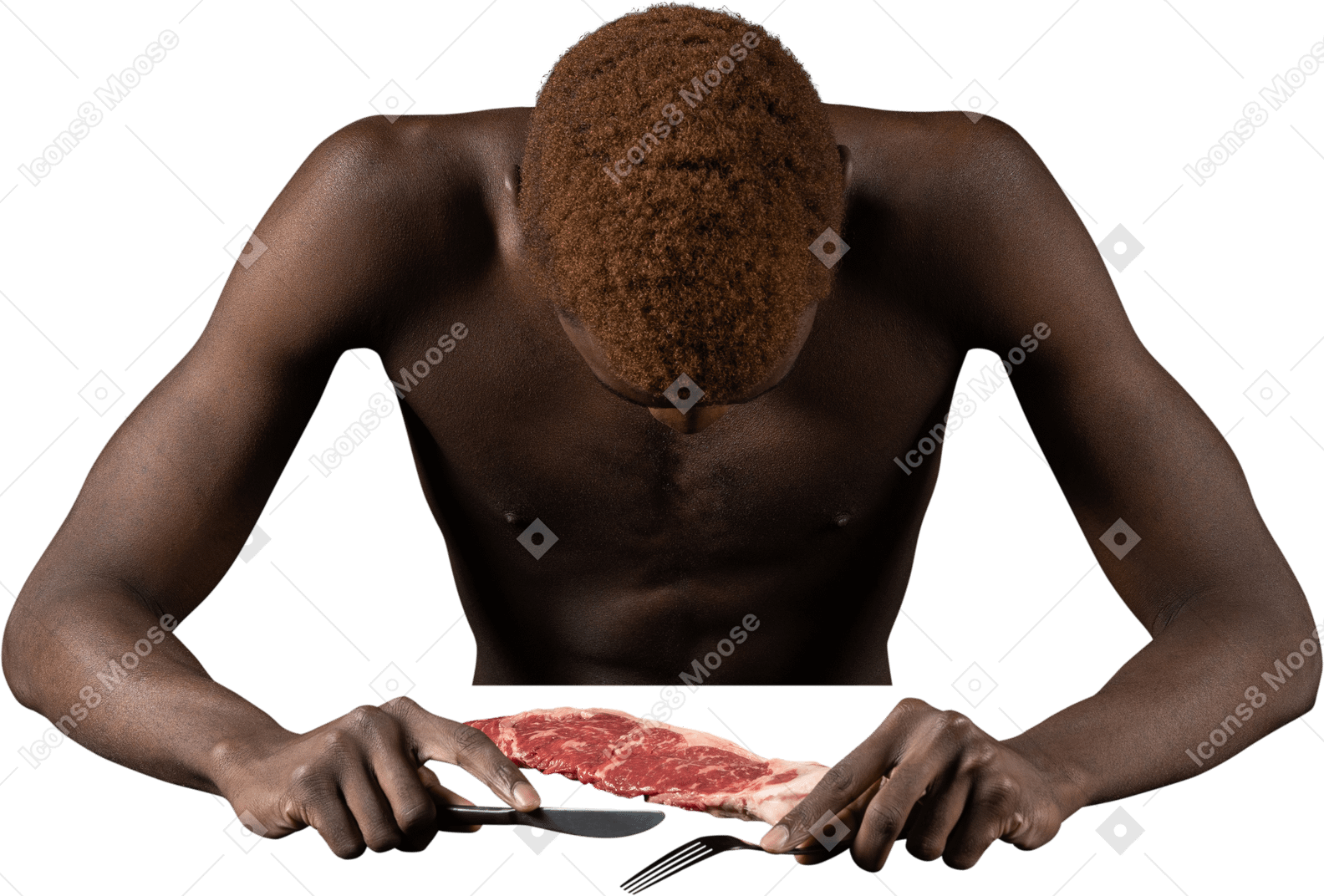 坐在肉附近的一个内向的年轻非洲人的正面图