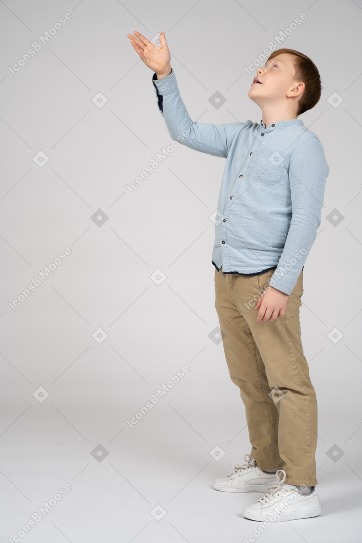 Side view of a boy pointing up with hand