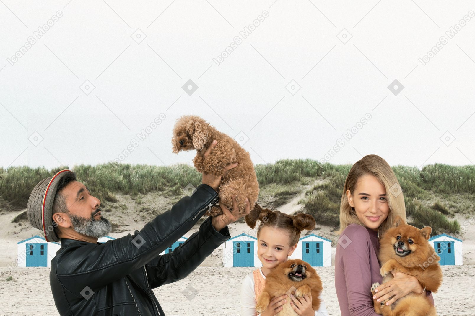 Mature man, kid girl and young woman with their pets