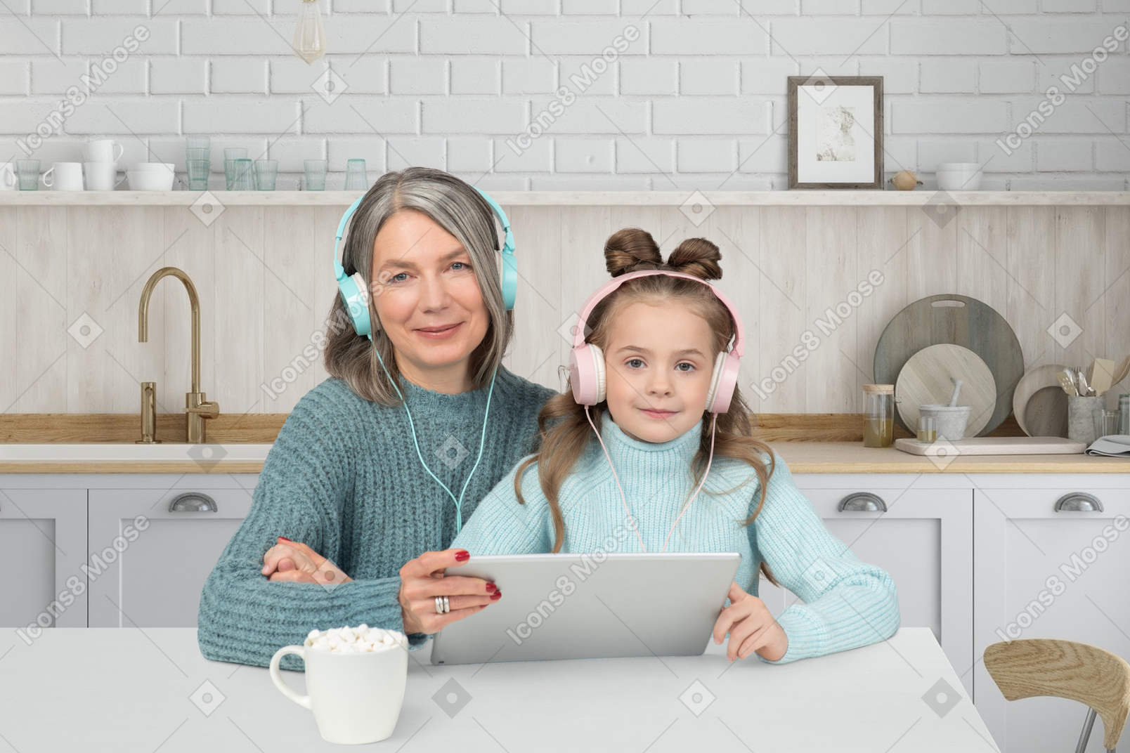 Happy smiling child with mother using a laptop at home