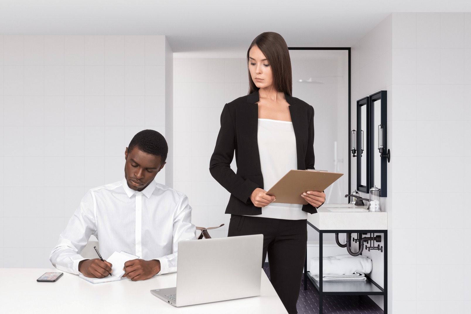 A man and a woman in a modern office