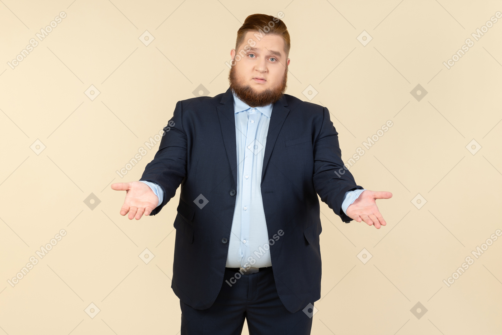 Young overweight man in suit standing with his hands elongated