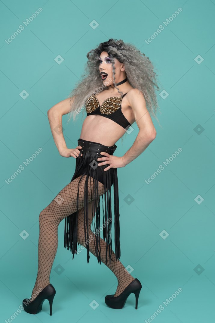 Drag queen standing with hands on hips and looking surprised