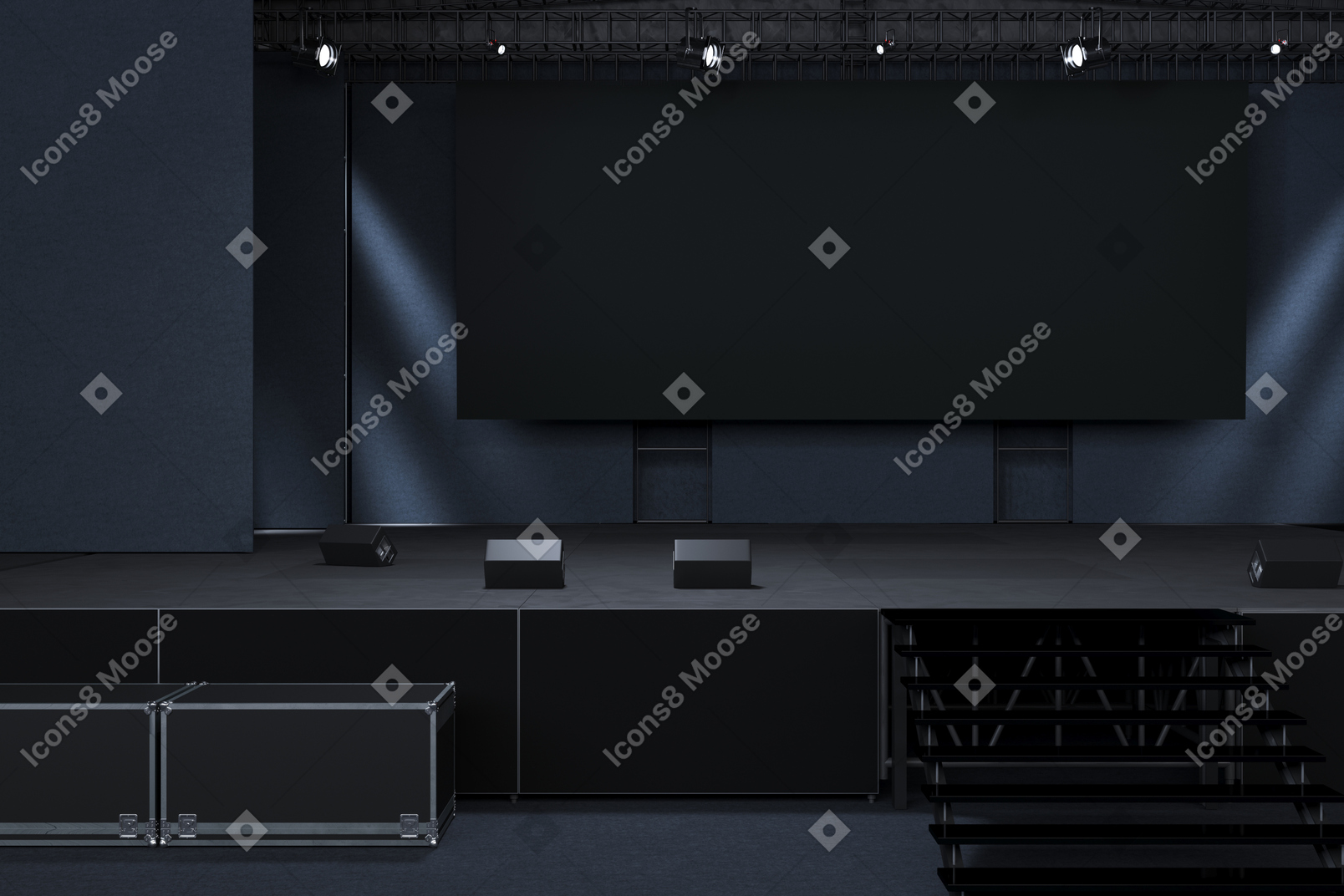 Escenario oscuro con pantalla de proyección y focos