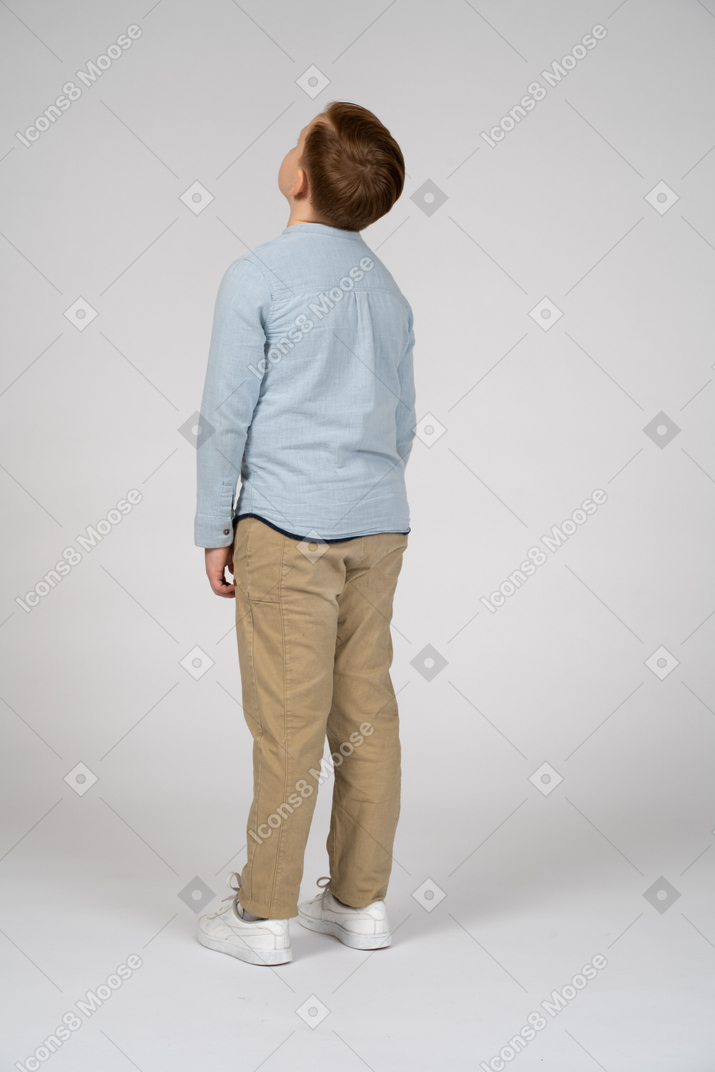Vista traseira do menino em roupas casuais, olhando para cima