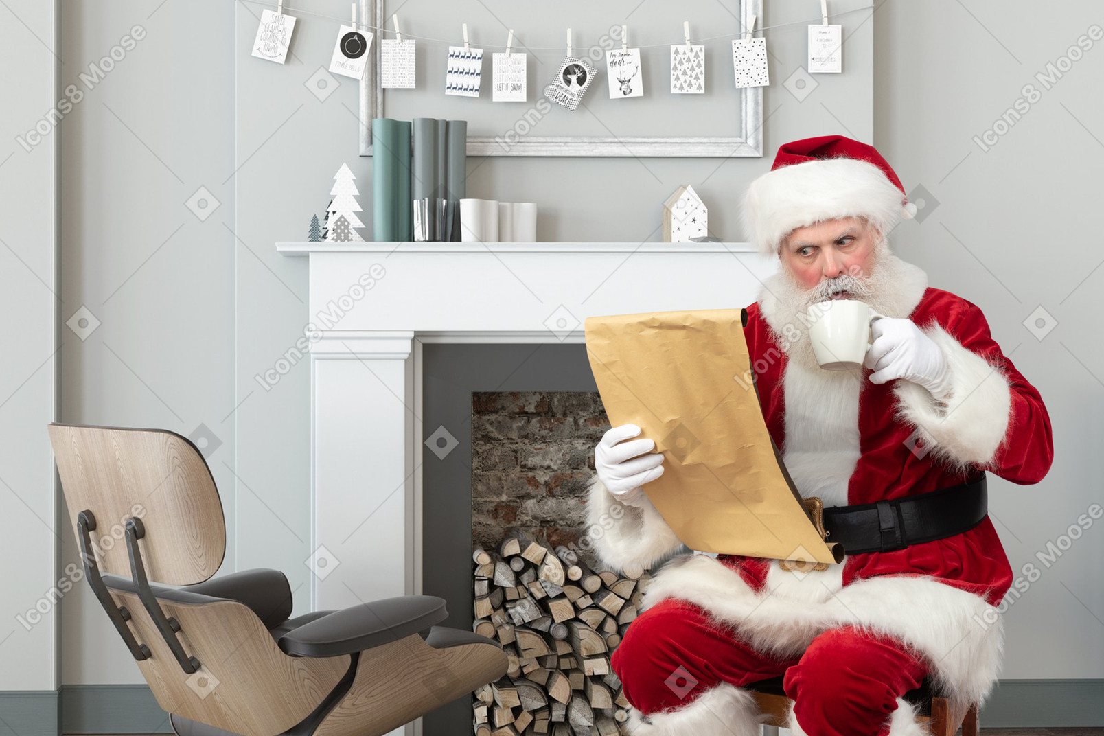 Santa claus reading gift list with a cup of coffee