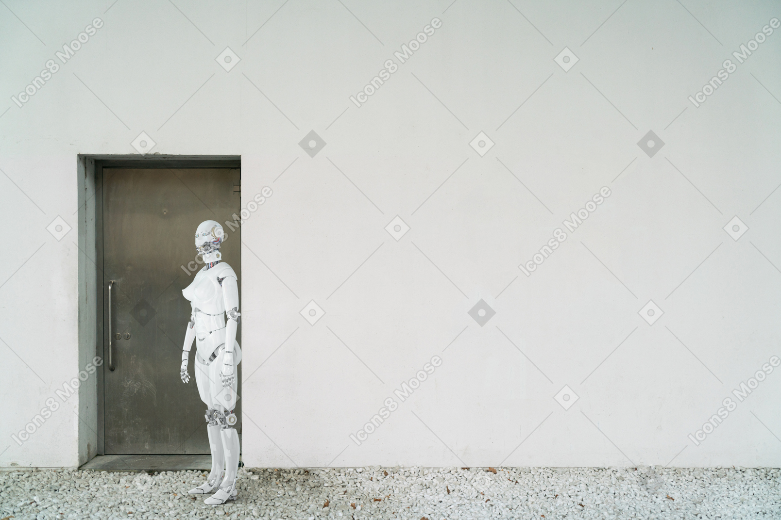 A white robot standing in front of a door