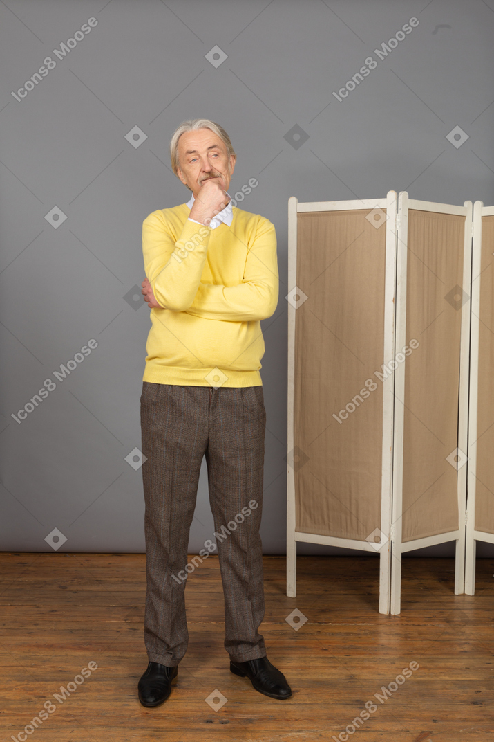 Front view of thoughtful old man touching chin