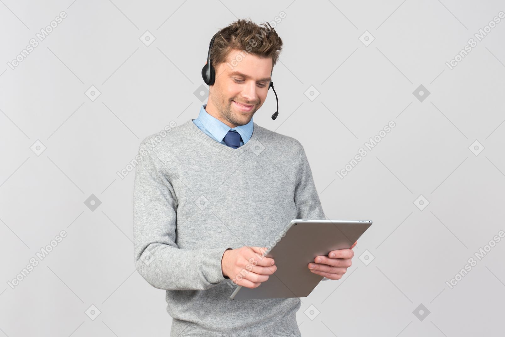 Call center agent working and holding folder