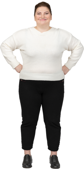 Happy plump woman in casual clothes looking at camera