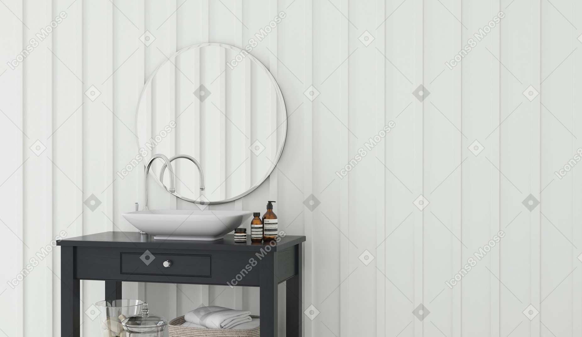 A 3d rendering of a white wall with wooden panels