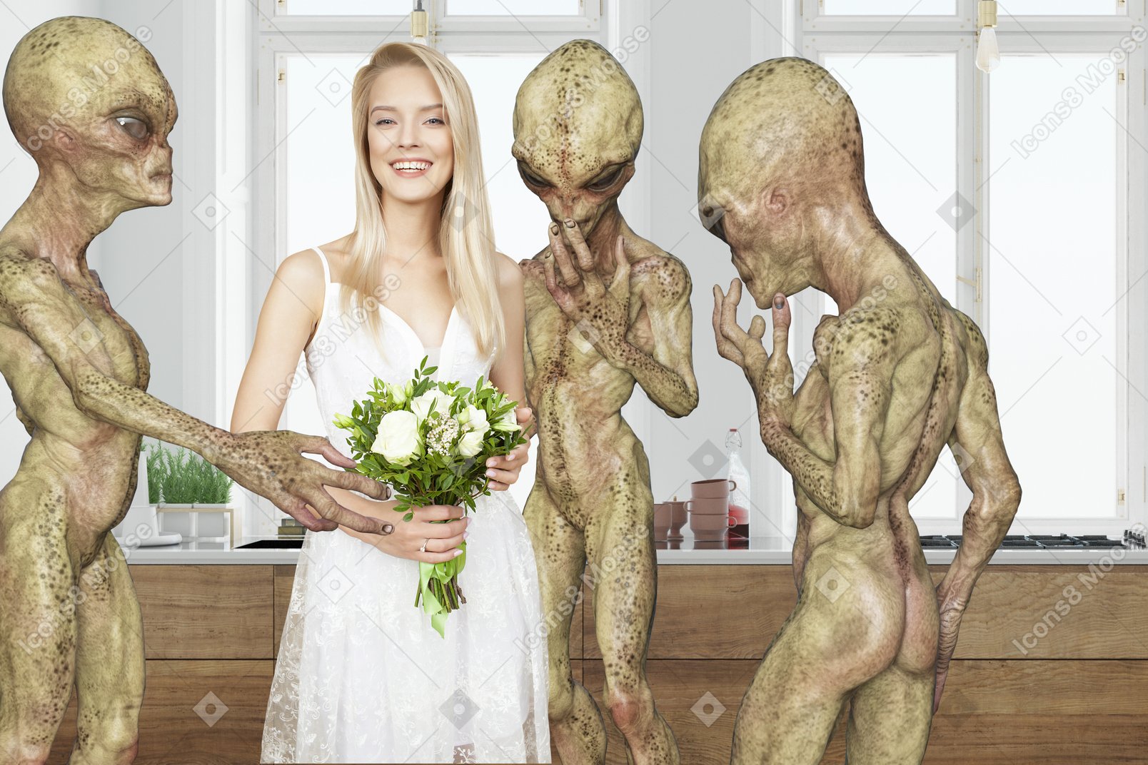 Aliens looking at woman in white dress holding bouquet of flowers