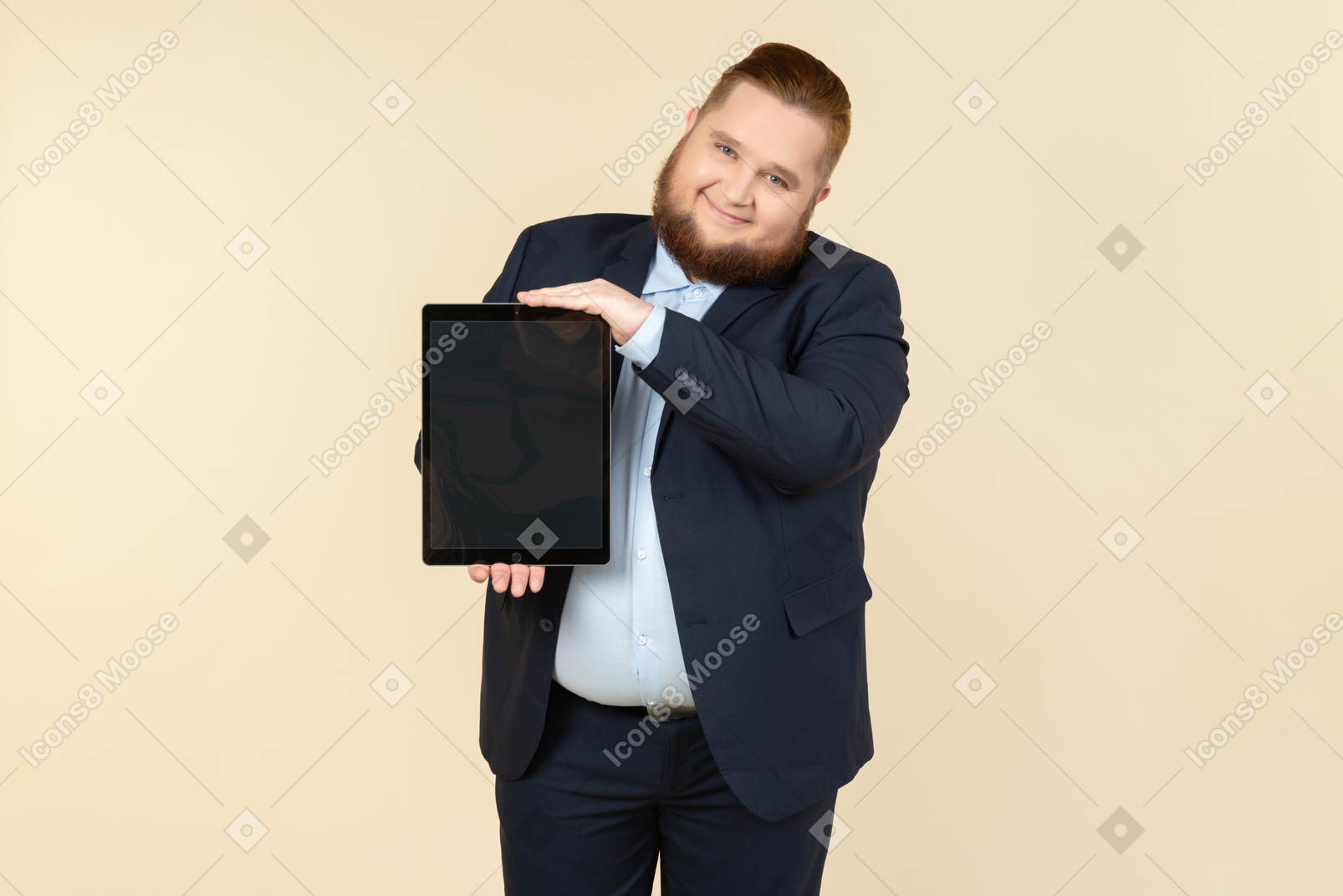 Smiling young overweight office worker holding vertically digital tablet