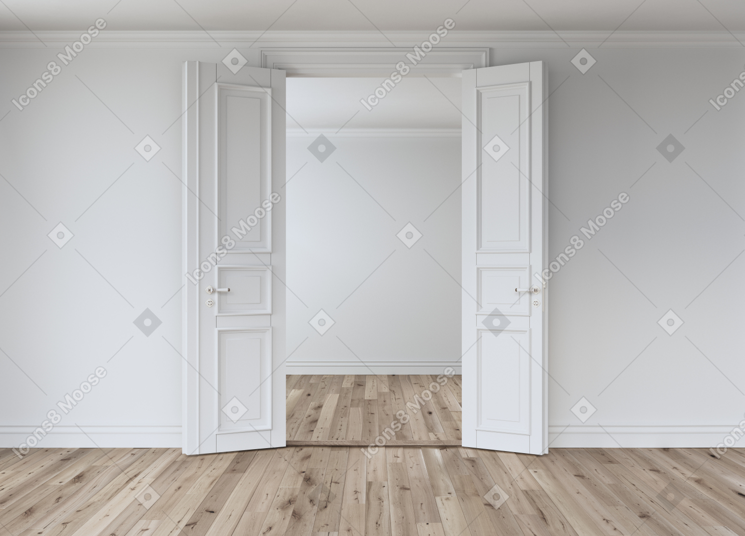 Quarto branco com portas duplas abertas