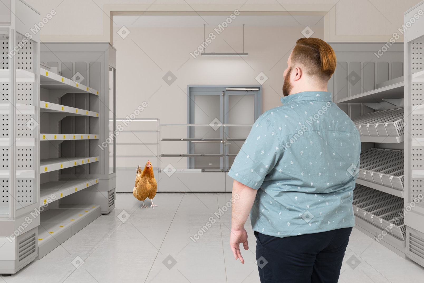 男人站在空荡荡的杂货店小岛上看着公鸡