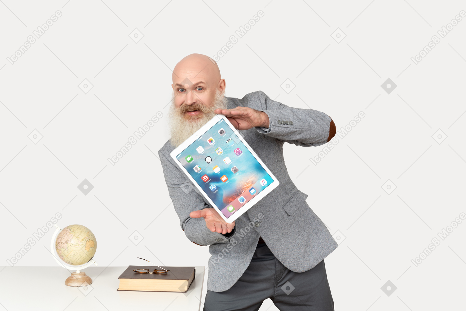 Excited old professor holding digital tablet