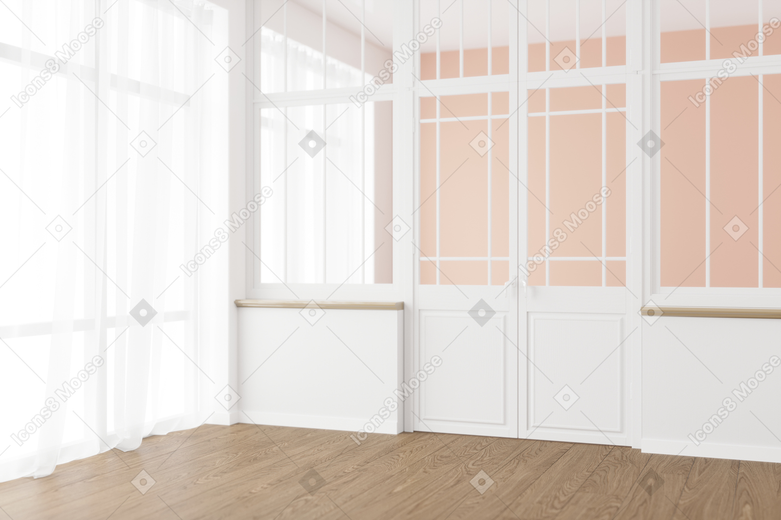 Room with french doors, large windows and sheer curtains